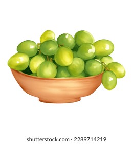 Green Grapes on Wooden Bowl Isolated Hand Drawn Painting Illustration