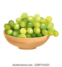 Green Grapes on Wooden Bowl Isolated Hand Drawn Painting Illustration