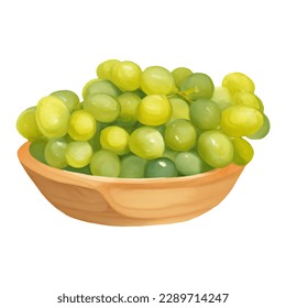 Green Grapes on Wooden Bowl Isolated Hand Drawn Painting Illustration