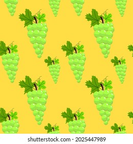 Green grapes on a yellow background, texture for design, seamless pattern, vector illustration
