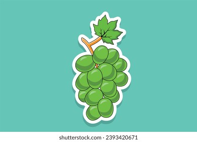 Green Grapes Sticker design vector illustration. A bunch of grapes fruit. Beautiful grapes with green leaf sticker design logo with shadow.