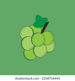 Green Grapes vector Illustration. Green grapes with stem and leaf icon, sign, symbol. Isolated on green background