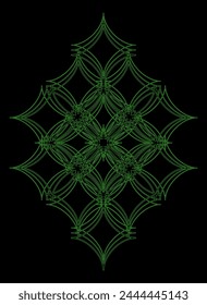 Green graphic design element on black background. Vector decorative rhomb ornament in gothic style. Isolated shape on black background. Strict monochrome design. For home wall decor. Print on clothes.