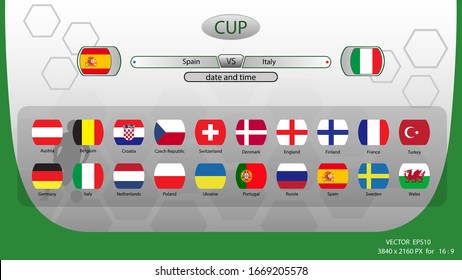 Green graphic match schedule , Gray background , European flag set.