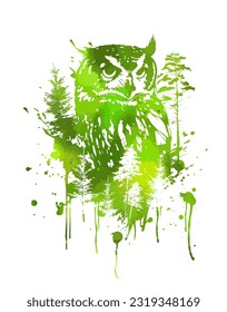green graphic portrait of an owl in the forest. Abstraction trees and owl. Print for t-shirt or tattoo, graffiti style. Protection of the forest and nature. Vector illustration