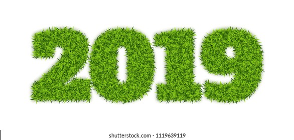 Green Grass 2019 on White Background. Eco Numbers Symbol for New Year or Calendar Design. 3D Vector Illustration