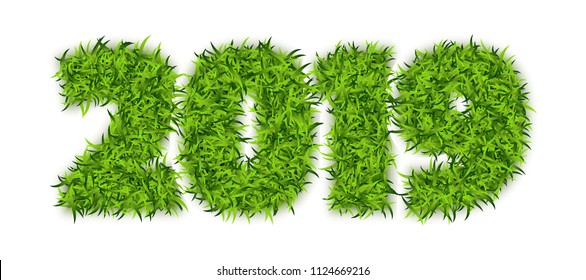 Green Grass 2019 on White Background. Eco Numbers Symbol for New Year or Calendar Design. 3D Vector Illustration