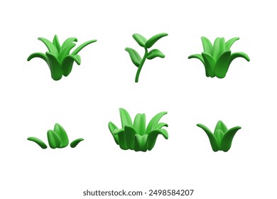 Green grass 3D plastic style vector illustrations set. Cartoon field bush of leaves, garden foliage, herbs. Volumetric bunches for floral design isolated on white. Summer natural element