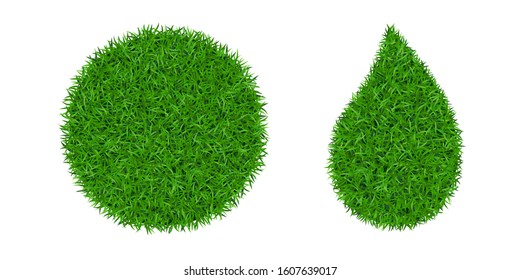 Green grass 3D set. Green round ball, drop isolated white background. Eco globe sphere, nature circle planet. Clean ecology environment concept. Clear field. Droplet decoration Vector illustration