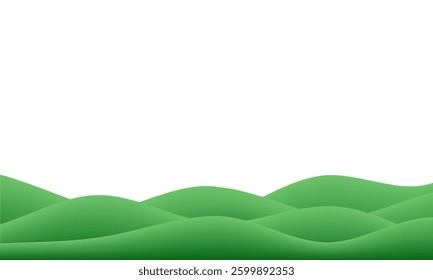 Green grass 3d wavy gradient. Grassy hill kid background. Vector spring pattern with sky and mountain, eco natural garden game floor. Cute cartoon summer field side view. Plasticine clay podium scene