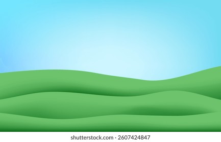 Green grass 3d wavy gradient. Grassy hill kid background. Vector spring pattern with sky and mountain, eco natural garden game floor. Cute cartoon summer field side view. Plasticine clay podium scene