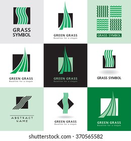 Green grass, abstract graphic symbol, vector icon, sign. Set of simple images, design element, two colors.