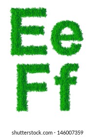 Green grass alphabet, big and small letters E, F
