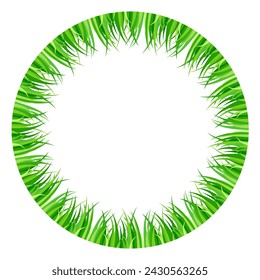 Green grass arranged inside a circle. Colorful circle frame, background and decorative circular border, made of fresh blades of grass, with intense chlorophyll colors. Isolated illustration. Vector.