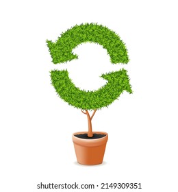 Flecha verde de hierba en maceta de flores. Símbolo del ciclo ecológico aislado, concepto de reciclaje sobre fondo blanco, ilustración vectorial