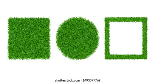 Green grass background 3D set. Lawn greenery nature ball. Soccer field texture, circle, square frame. Ground landscape grassland pattern. Grassy design. Beautiful grow meadow Vector illustration