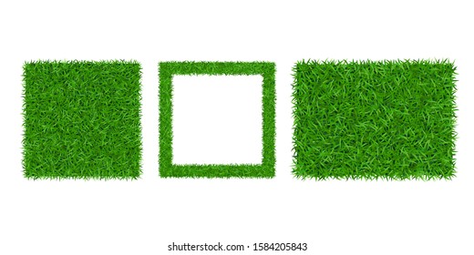 Green grass background 3D set. Lawn greenery nature field. Abstract soccer texture frame, square, rectangle. Ground landscape pattern. Grassy design. Beautiful grow meadow Vector illustration