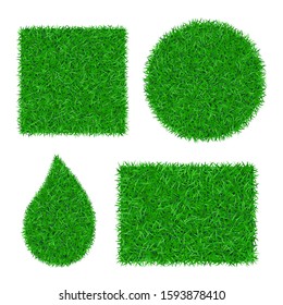 Green grass background 3D set. Lawn greenery nature square, circle, rectangle, drop isolated on white. Field texture. Landscape grassland pattern. Grassy design. Grow meadow Vector illustration