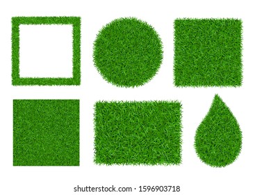 Green grass background 3D set isolated. Lawn greenery nature ball, square frame. Abstract field texture circle, rectangle. Ground landscape grassland pattern. Grassy meadow Vector illustration