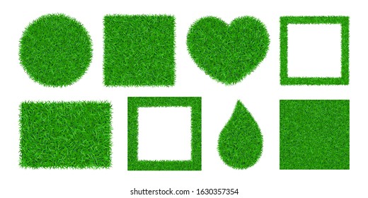 Green grass background 3D set isolated. Lawn greenery nature ball, circle, heart. Abstract field texture square frame, rectangle. Ground landscape grassland pattern. Grassy meadow Vector illustration