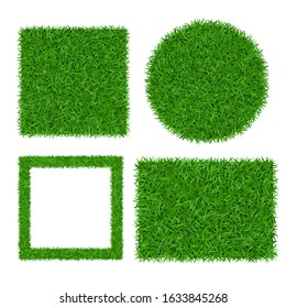 Green grass background 3D set isolated. Lawn greenery nature ball. Abstract soccer field texture circle, square, rectangle. Ground landscape grassy design. Beautiful grow meadow Vector illustration