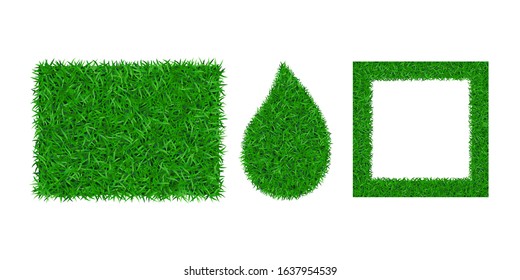 Green grass background 3D set. Lawn greenery nature drop, frame isolated on white. Field texture square rectangle, droplet. Landscape grassland pattern. Grassy design. Grow meadow Vector illustration