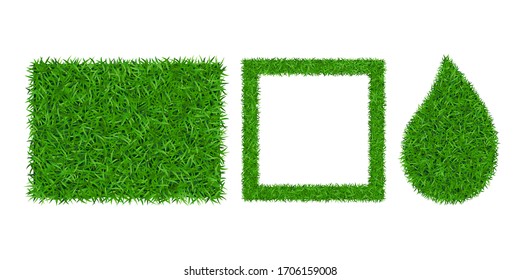 Green grass background 3D set. Lawn greenery nature drop, frame isolated on white. Field texture square rectangle, droplet. Landscape grassland pattern. Grassy design. Grow meadow Vector illustration