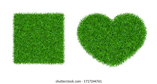 Green grass background 3D set. Lawn greenery nature heart. Abstract soccer field texture square. Ground landscape grassland pattern. Grassy design meadow. Eco environment concept Vector illustration