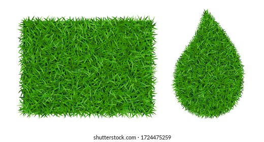 Green grass background 3D set. Lawn greenery nature drop, grass frame isolated on white. Field texture square rectangle, droplet. Landscape grassland pattern. Grassy grow design Vector illustration