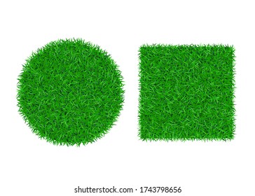 Green grass background 3D set. Lawn greenery nature ball. Abstract soccer field texture circle, square. Ground landscape grassland pattern. Grassy design. Beautiful grow meadow Vector illustration