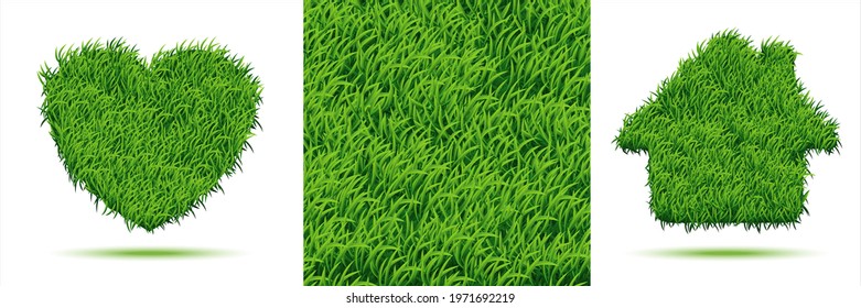 Green grass background. Lawn field. Heart and House icons. Grass texture. Vector illustration