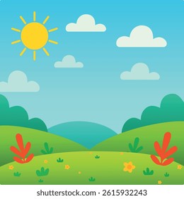 Green grass background with sun, Hills and beautiful flowers, cloud and sky.