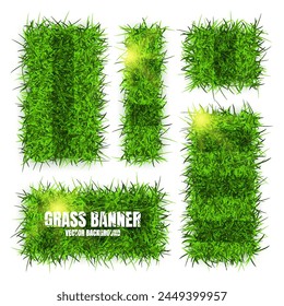 Green grass banners, background. Field, meadow texture, grassy landscape. Football playing pitch, soccer field. Sports ground, stadium. Ecology and environment protection. Vector illustration