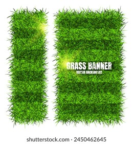 Green grass banners, background. Field, meadow texture, grassy landscape. Football playing pitch, soccer field. Sports ground, stadium. Ecology and environment protection. Vector illustration