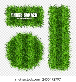 Green grass banners, background. Field, meadow texture, grassy landscape. Football playing pitch, soccer field. Sports ground, stadium. Ecology and environment protection. Vector illustration