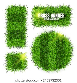 Green grass banners, background. Field, meadow texture, grassy landscape. Football playing pitch, soccer field. Sports ground, stadium. Ecology and environment protection. Vector illustration