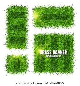 Green grass banners, background. Field, meadow texture, grassy landscape. Football playing pitch, soccer field. Sports ground, stadium. Ecology and environment protection. Vector illustration