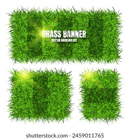 Green grass banners, background. Field, meadow texture, grassy landscape. Football playing pitch, soccer field. Sports ground, stadium. Ecology and environment protection. Vector illustration