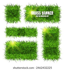 Green grass banners, background. Field, meadow texture, grassy landscape. Football playing pitch, soccer field. Sports ground, stadium. Ecology and environment protection. Vector illustration