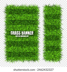 Green grass banners, background. Field, meadow texture, grassy landscape. Football playing pitch, soccer field. Sports ground, stadium. Ecology and environment protection. Vector illustration