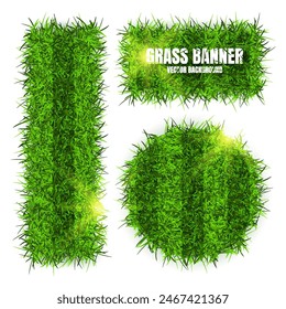 Green grass banners, background. Field, meadow texture, grassy landscape. Football playing pitch, soccer field. Sports ground, stadium. Ecology and environment protection. Vector illustration