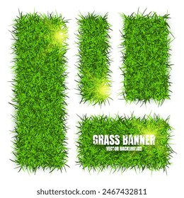 Green grass banners, background. Field, meadow texture, grassy landscape. Organic, bio, eco and natural lifestyle design elements. Ecology and environment protection. Vector illustration