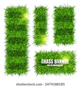 Green grass banners, background. Field, meadow texture, grassy landscape. Football playing pitch, soccer field. Sports ground, stadium. Ecology and environment protection. Vector illustration.