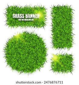 Green grass banners, background. Field, meadow texture, grassy landscape. Organic, bio, eco and natural lifestyle design elements. Ecology and environment protection. Vector illustration