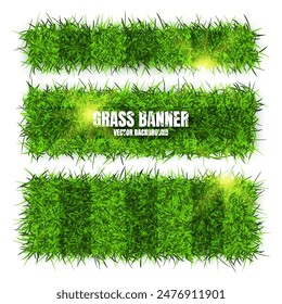 Green grass banners, background. Field, meadow texture, grassy landscape. Football playing pitch, soccer field. Sports ground, stadium. Ecology and environment protection. Vector illustration