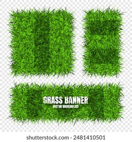 Green grass banners, background. Field, meadow texture, grassy landscape. Football playing pitch, soccer field. Sports ground, stadium. Ecology and environment protection. Vector illustration