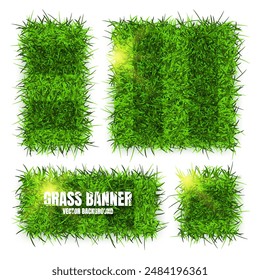 Green grass banners, background. Field, meadow texture, grassy landscape. Football playing pitch, soccer field. Sports ground, stadium. Ecology and environment protection. Vector illustration