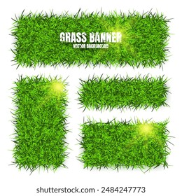 Green grass banners, background. Field, meadow texture, grassy landscape. Organic, bio, eco and natural lifestyle design elements. Ecology and environment protection. Vector illustration