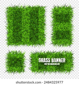 Green grass banners, background. Field, meadow texture, grassy landscape. Football playing pitch, soccer field. Sports ground, stadium. Ecology and environment protection. Vector illustration