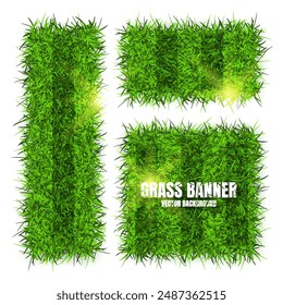 Green grass banners, background. Field, meadow texture, grassy landscape. Football playing pitch, soccer field. Sports ground, stadium. Ecology and environment protection. Vector illustration